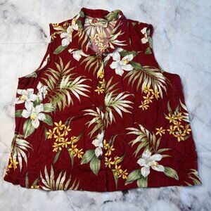 Hilo Hattie Hawaiian Button Up Shirt Top Womens Size XL Sleeveless Floral Red